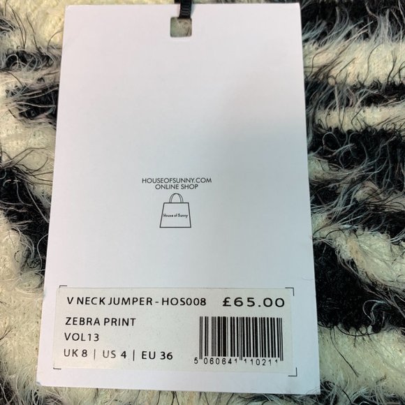 House Of Sunny Zebra Print V-Neck Jumper Heavy Long Sleeve Sweater Size 4 NWT! - Picture 4 of 13